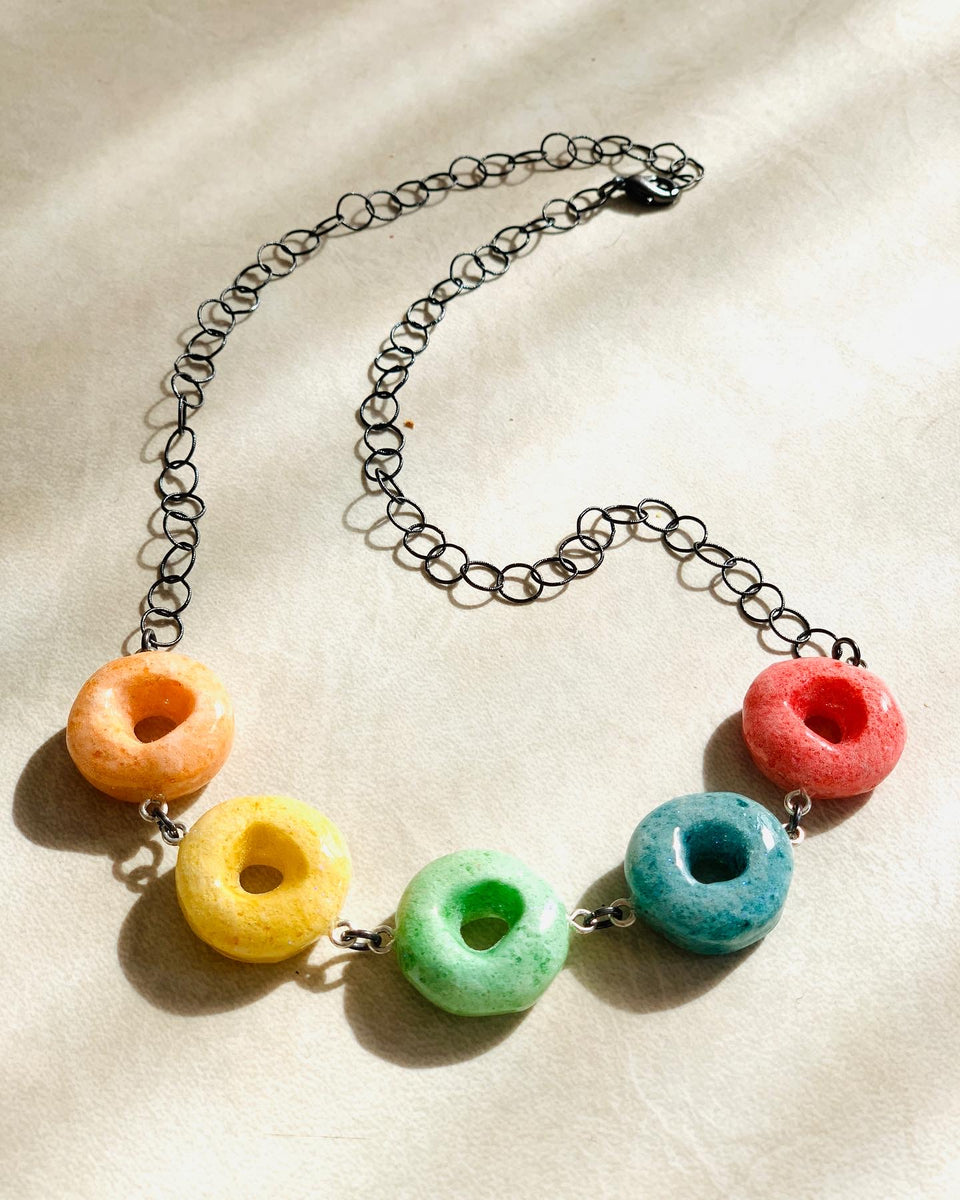 Froot Loop Beaded Baseball Necklace Rhinestone Bead Chain Blue 